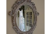 French Vintage Style Distressed Carved OVAL Wall Mirror ~ White Shabby Chic